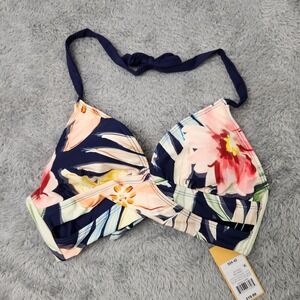 Kona Sol Bikini Top Women S Navy Blue Floral Halter Wrap Front 238130819 NWT